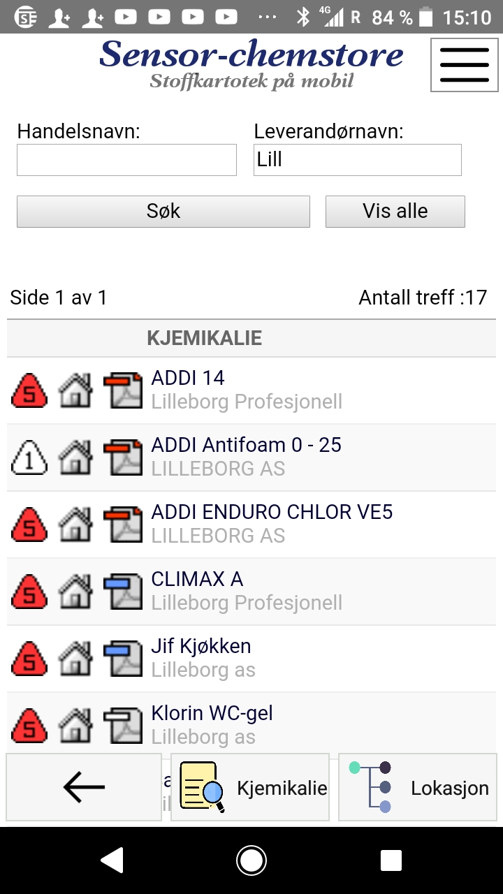 Skjermbilde for kjemikalesøk