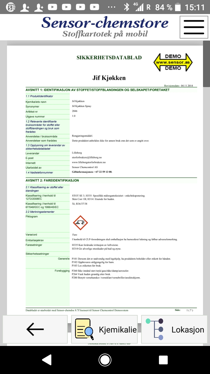 Skjermbilde - sikkerhetsblad i portrettvisning