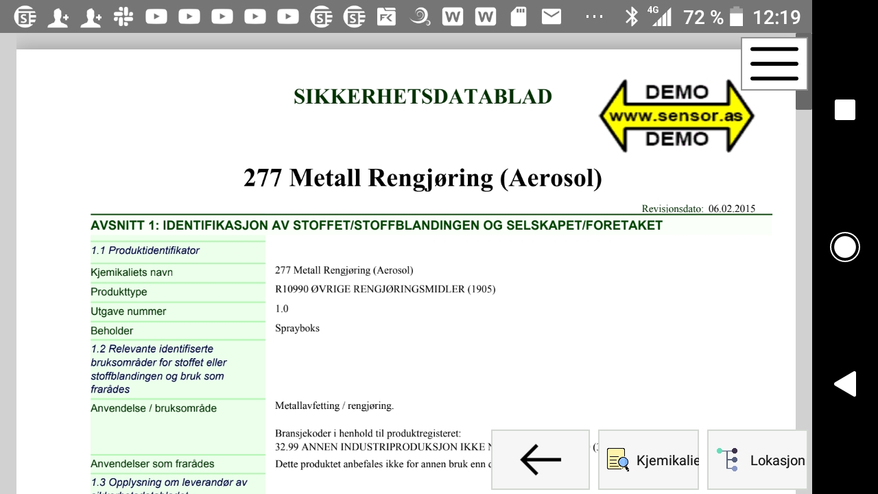 Skjermbilde - sikkerhetsblad i landsaptvisning